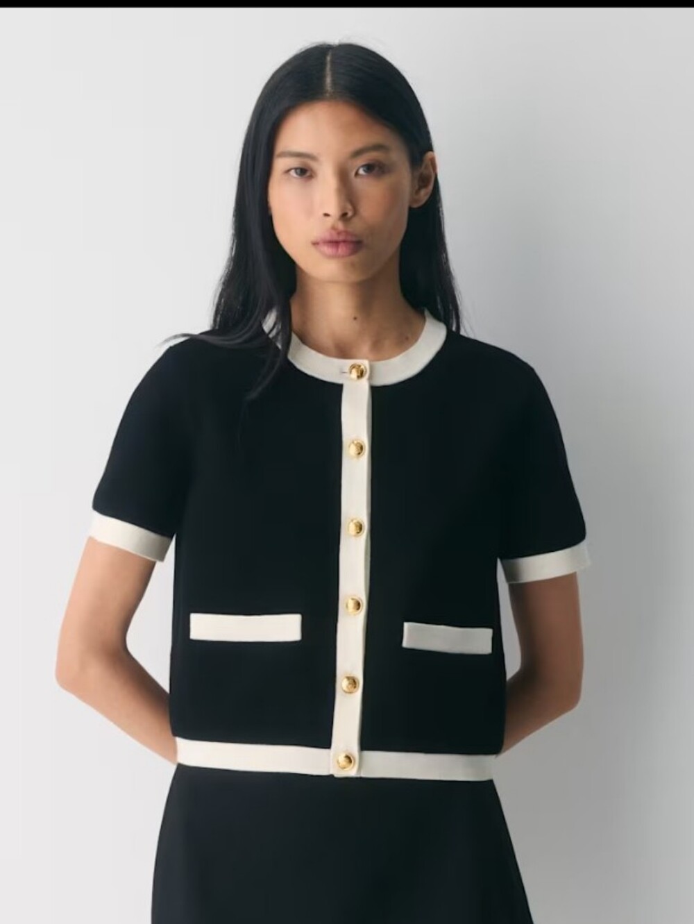 Aritzia Babaton Approach Black & White Short Sleeve Cardigan with Gold Buttons